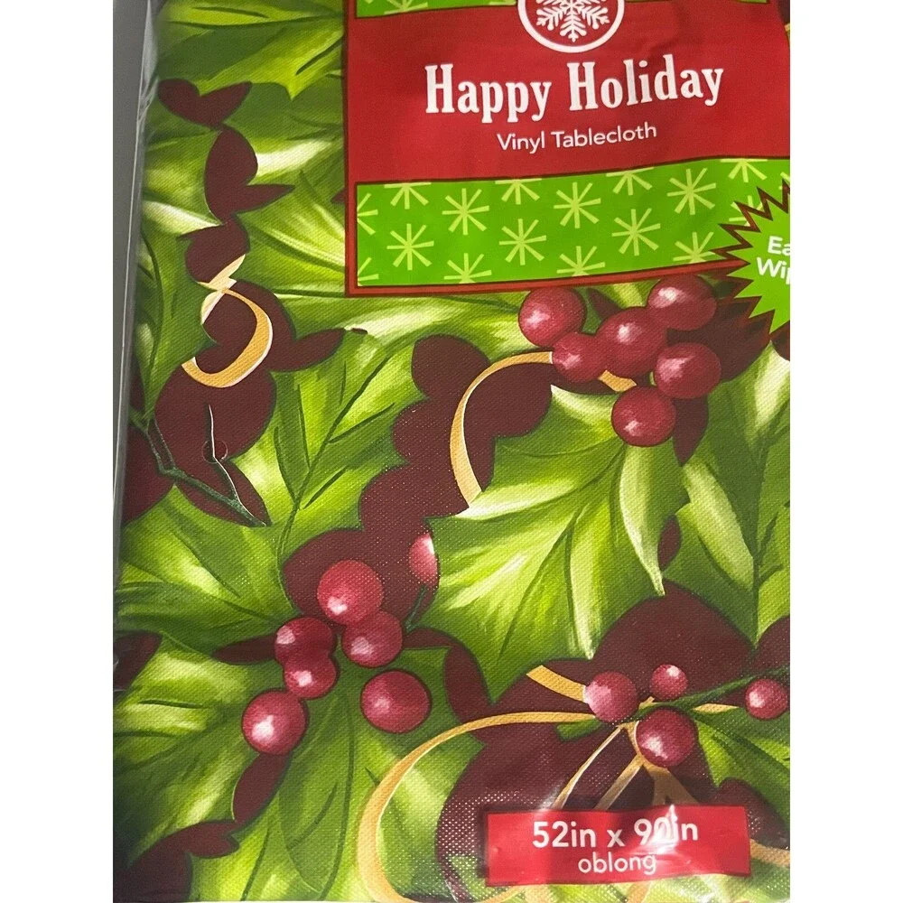 Christmas Holly and Berries Vinyl Tablecloth Flannel Backed Holiday 52x90